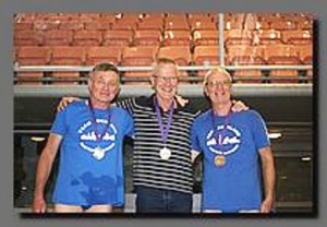 Medal line up for the 65-69 age group Photo by Andrea Robinson